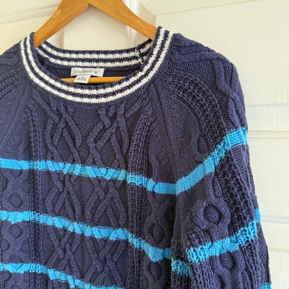 Vintage Liz Claiborne Striped Blue Cable Knit Chunky Sweater Cotton Size Large - Picture 4 of 7